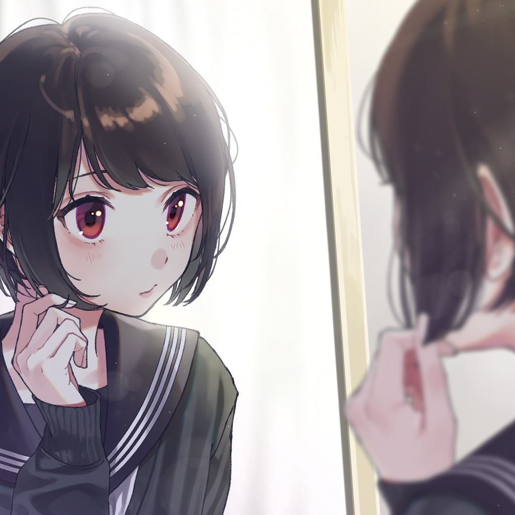 anime girl looking in the mirror